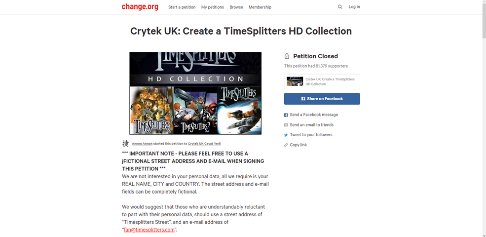 Change.org petition for TimeSplitters HD Collection
